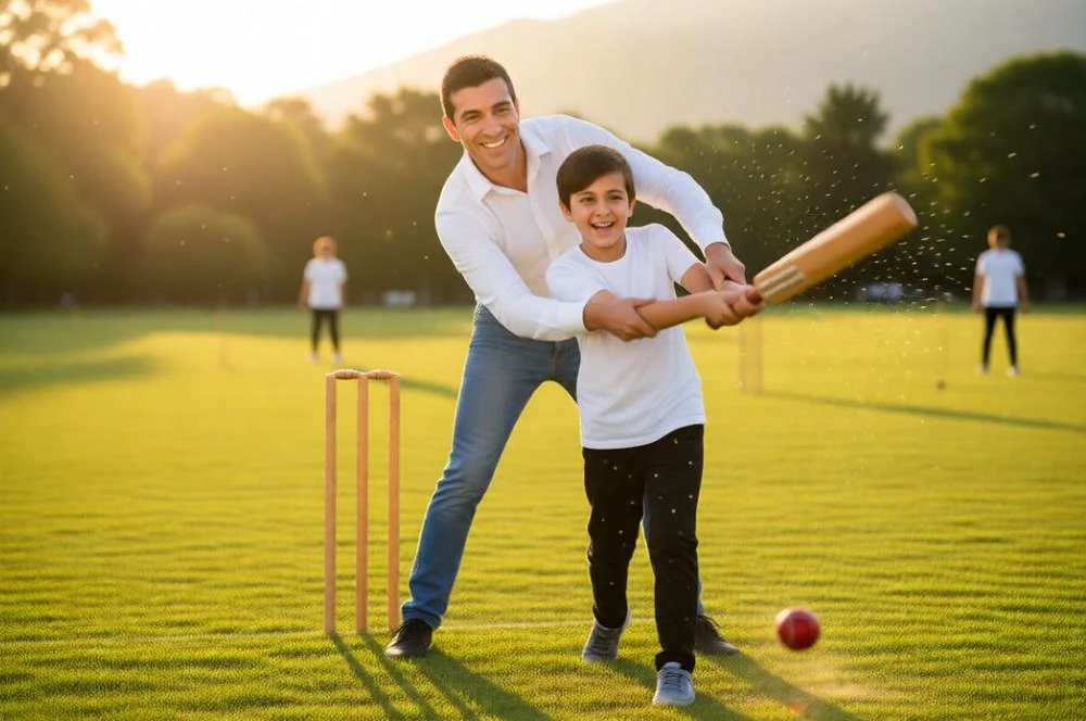 Father teaching son cricket during the golden sunset in the park.