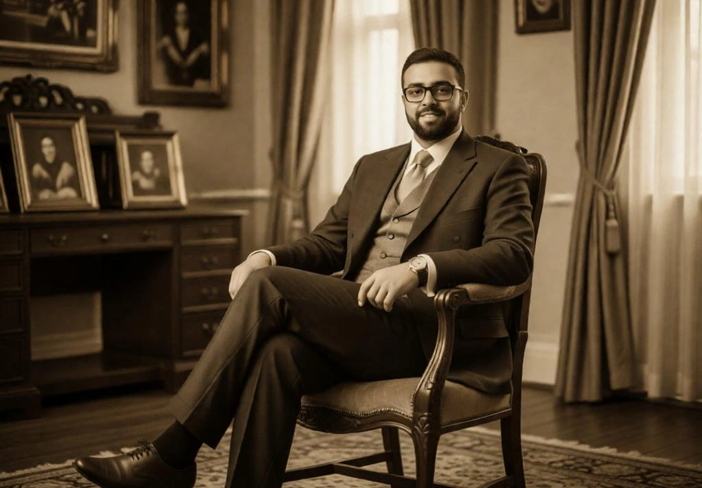 Vintage-style portrait of father sitting proudly on a wooden chair.