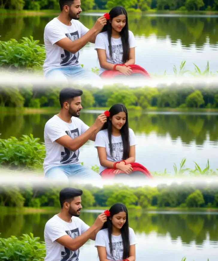 Romantic lakeside couple collage with flower moment.