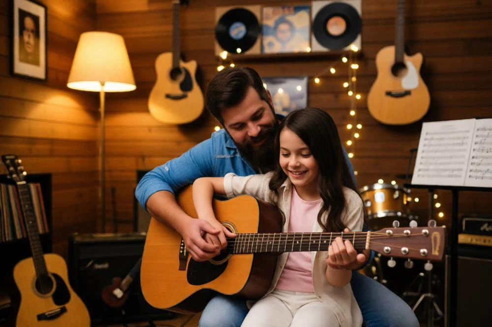 Father teaching daughter guitar in cozy music room.