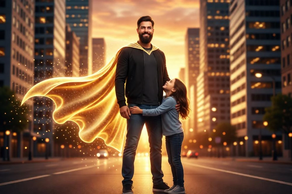 Superhero-style father portrait with glowing cape and child hug.