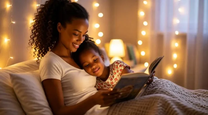Mother reading a bedtime story to her daughter with fairy lights.