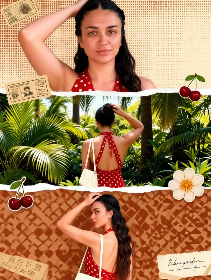 Scrapbook-style fashion collage with tropical aesthetic.