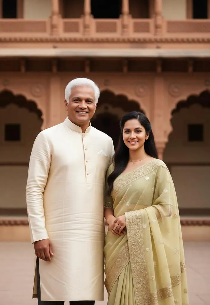 Father and daughter in traditional outfits at a heritage haveli.
