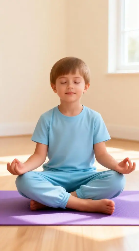 Little boy meditating in a cross-legged yoga pose indoors.