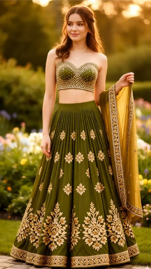 Woman in an olive green lehenga with gold embroidery and sweetheart blouse.