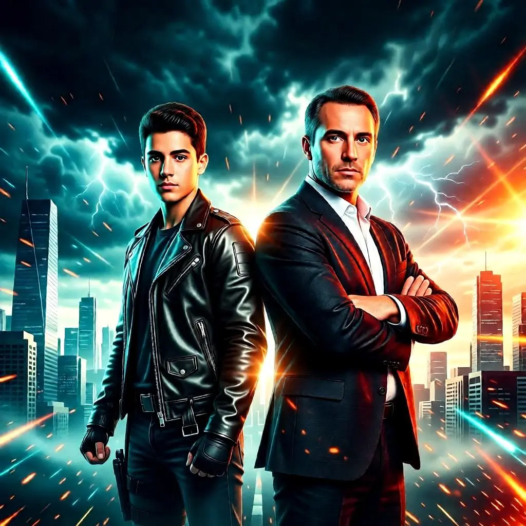Cinematic action movie poster style father and son portrait.