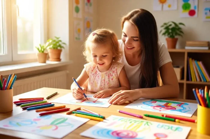 Mom and daughter drawing together at a colorful table indoors.