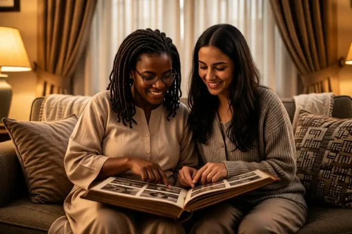 Mother and daughter looking at old photo albums together.