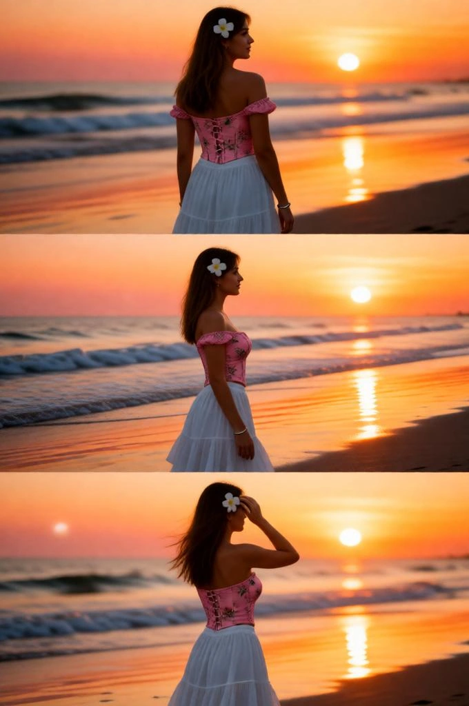 Three-panel beach sunset collage of stylish young woman