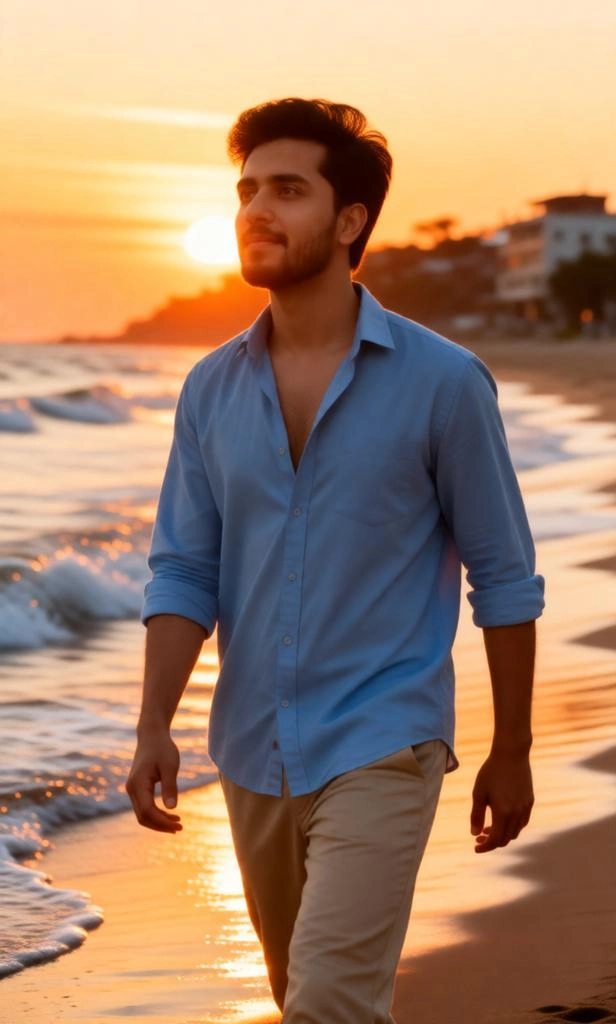 Young man walking on the beach during a cinematic golden sunset