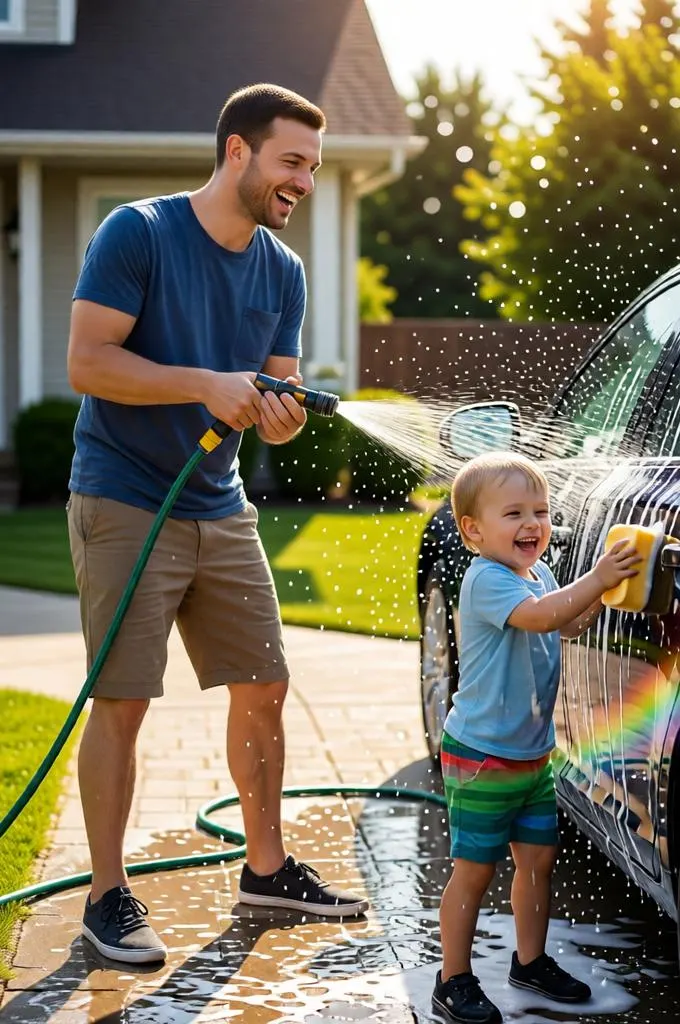 Fun father and son car washing scene with water splashes outdoors.