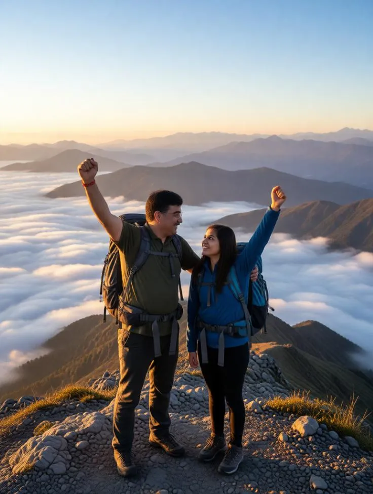 Father and daughter celebrating at a mountain summit.