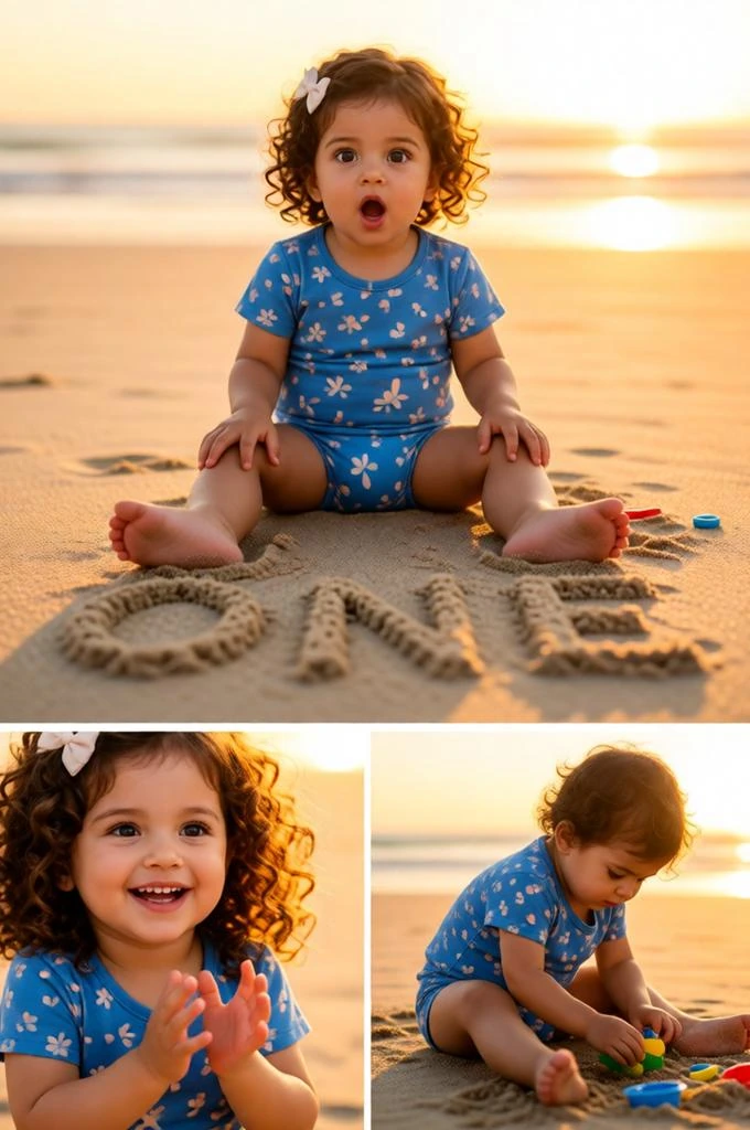 Three-panel baby beach photoshoot during golden sunset