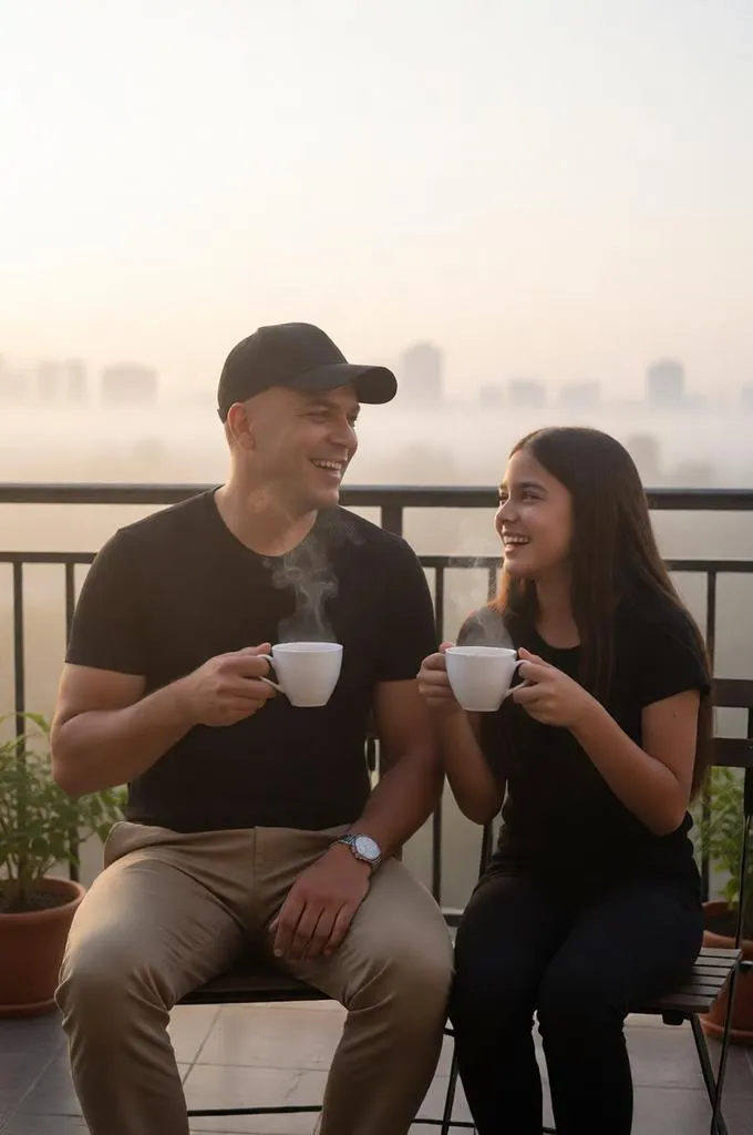 Father and daughter enjoying tea on a terrace.