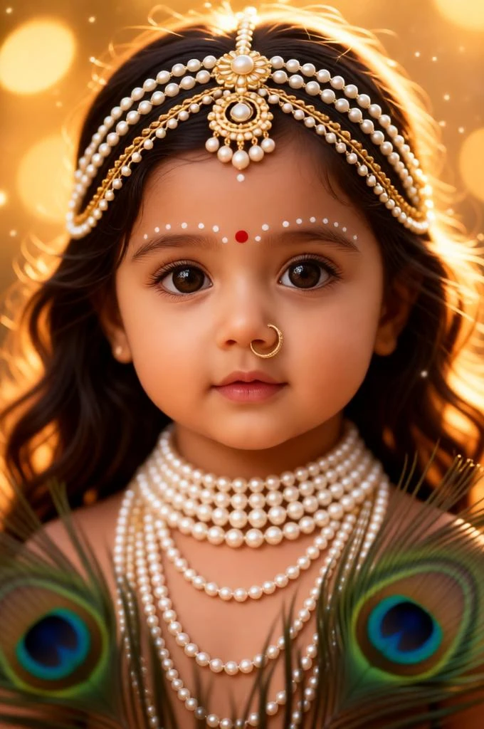 Little girl styled as Radha Rani in pearl jewelry with golden dreamy close-up aesthetic.