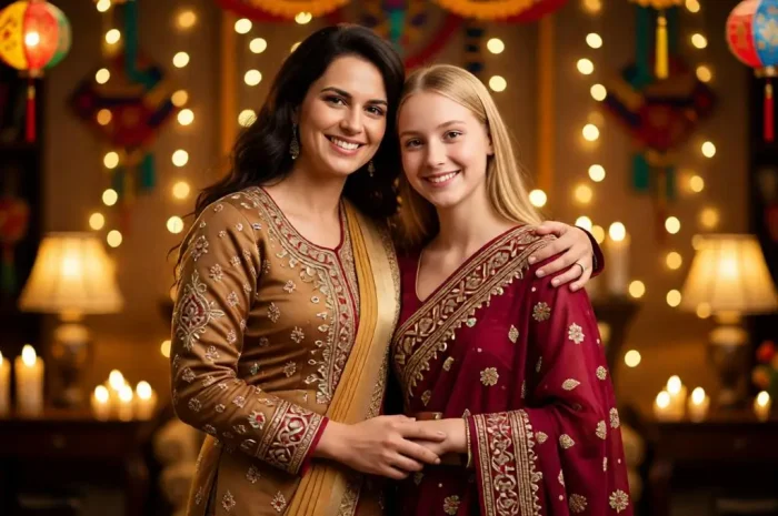 Mother and daughter in traditional outfits at a festive celebration.