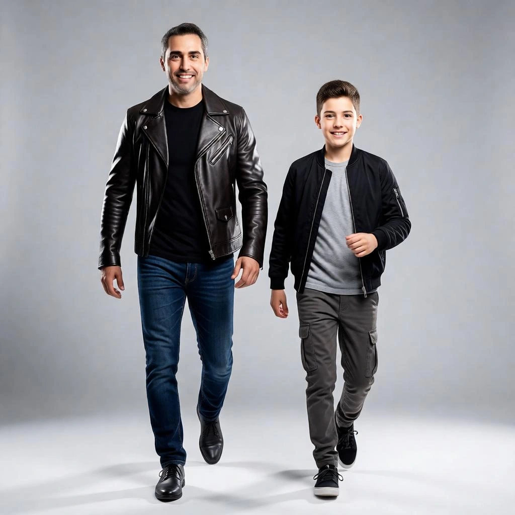 Modern editorial father and son walking portrait in studio lighting.