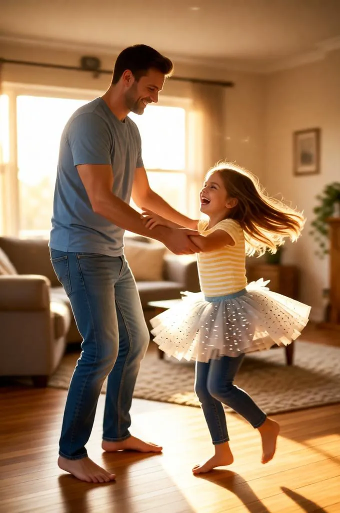 Father and daughter dancing happily in a cozy living room.