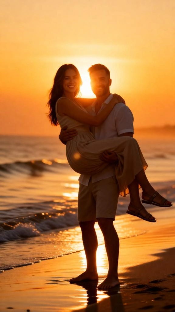 Romantic beach sunset portrait of couple near shoreline