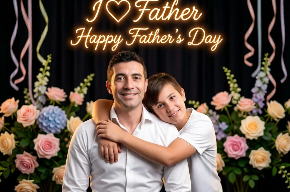 Son hugging father emotionally in an elegant Father’s Day portrait.