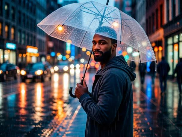 Cinematic rainy dusk portrait of a man holding a transparent umbrella on a glowing wet city street.