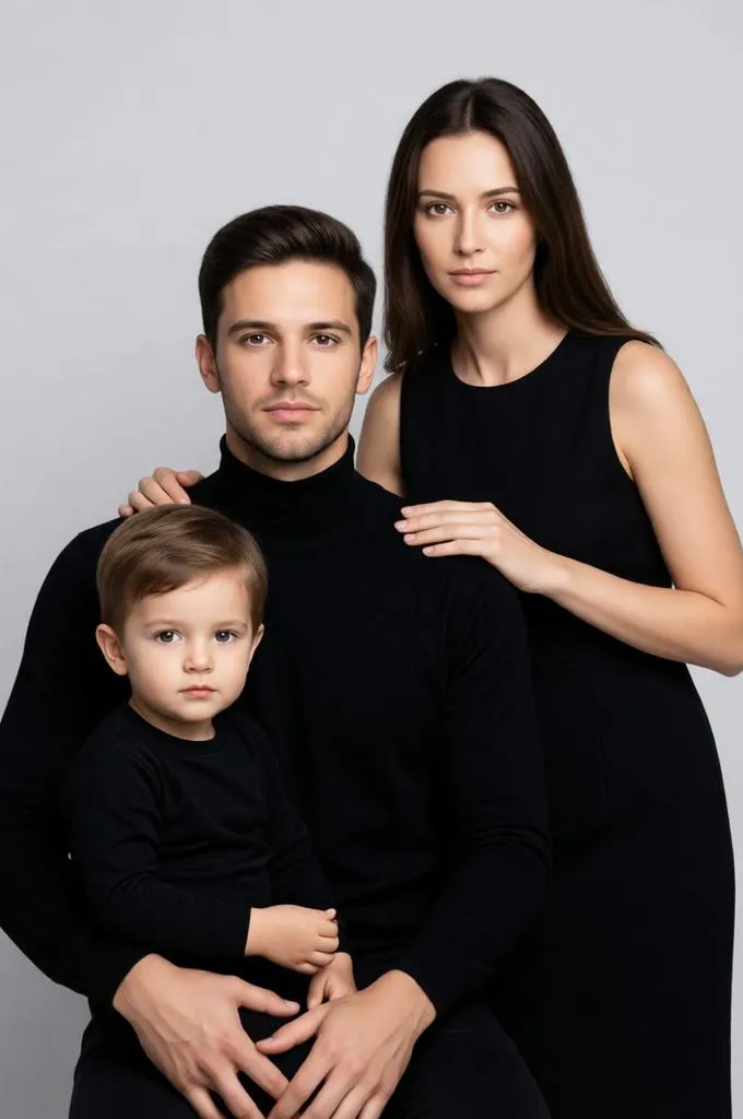 Modern studio family portrait in coordinated black outfits against a light gray background.