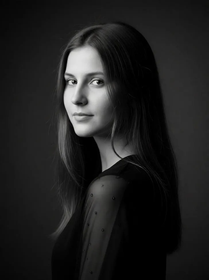 Soft black and white portrait of a woman with natural hair.