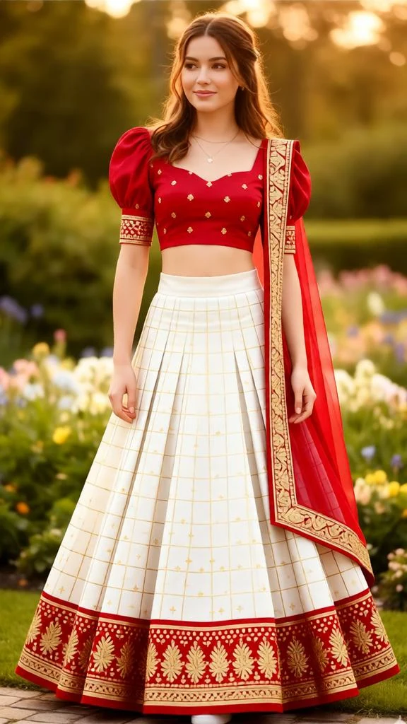 Woman in a red and off-white lehenga with gold zari details.
