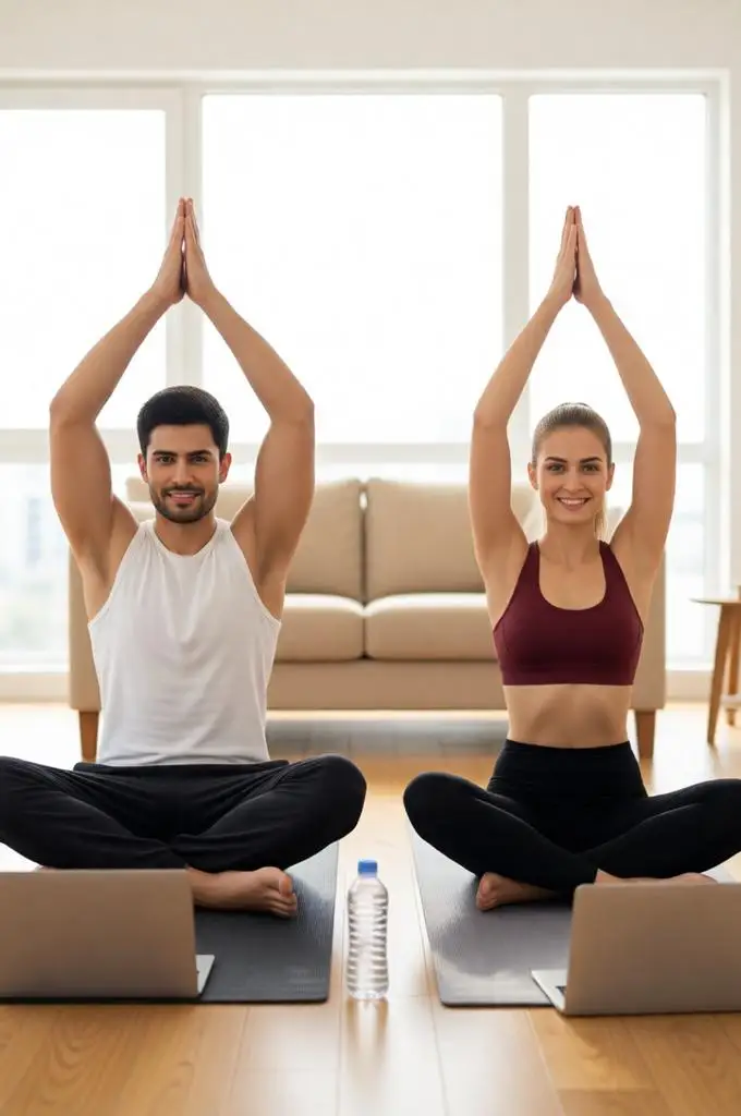 A couple meditating together in a modern living room.