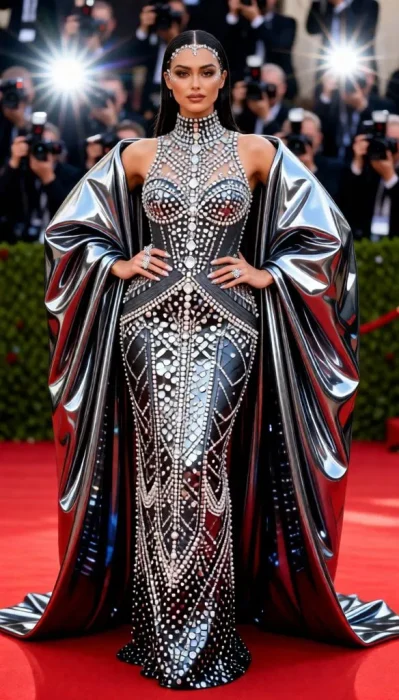 Women wear a metallic gunmetal couture gown with a futuristic cape.
