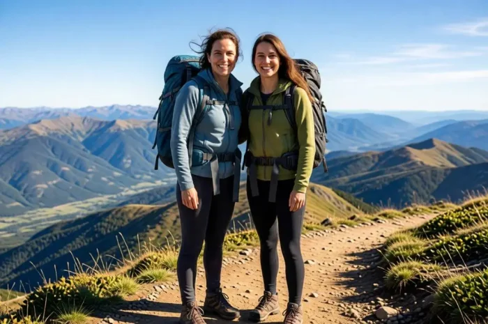Mother and daughter standing proudly on a mountain top after hiking.