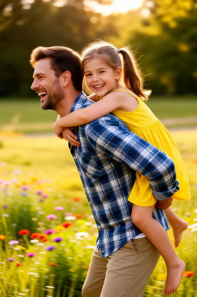 Father giving daughter a piggyback ride in a sunny meadow.