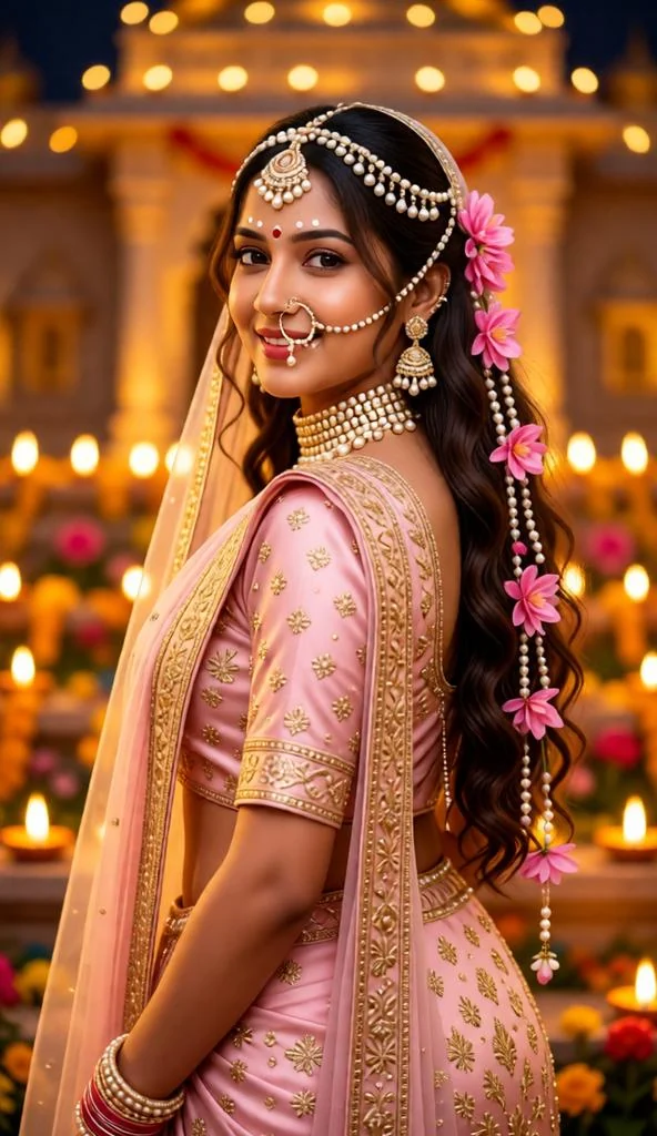 Dreamy Radha Rani portrait in pink lehenga with floral hair and glowing temple lighting.