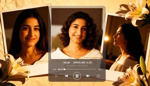 Warm toned photo collage with layered portraits, flowers, and music player overlay