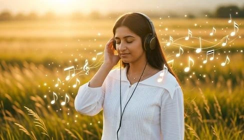 Dreamy outdoor scene with headphones and soft glowing musical elements around