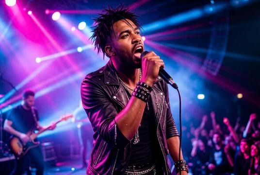 Live concert performance with dramatic lights, microphone, and energetic stage presence
