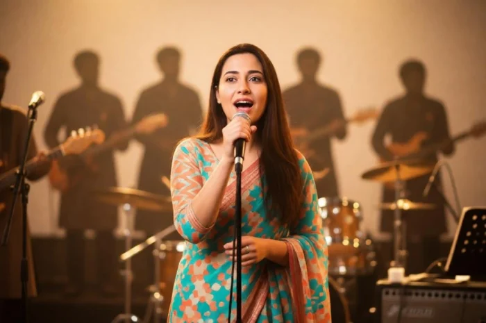 Indian singer performing with microphone, warm lighting and musical background elements