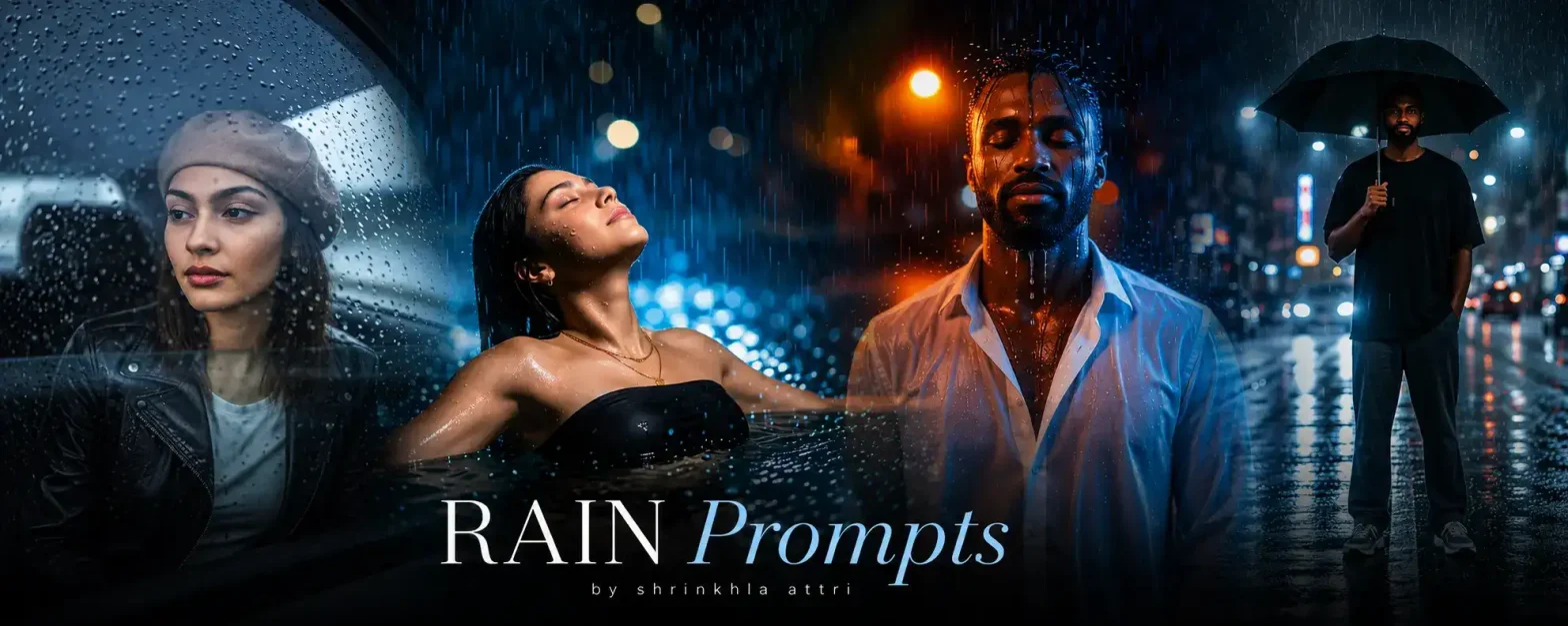 Aesthetic rain collage banner with cinematic portraits in blue and orange tones featuring rain prompts.