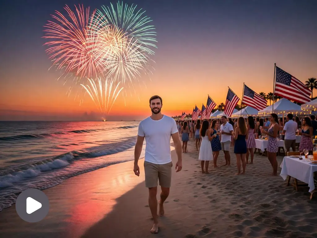 Man on a beach with fireworks overhead.