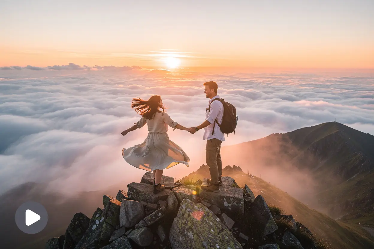 Couple holding hands on a mountain peak while watching the sunrise above the clouds.