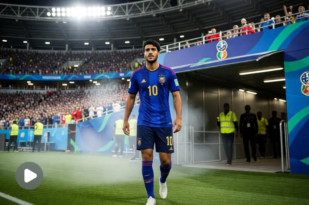 Football player entering a FIFA World Cup stadium tunnel.