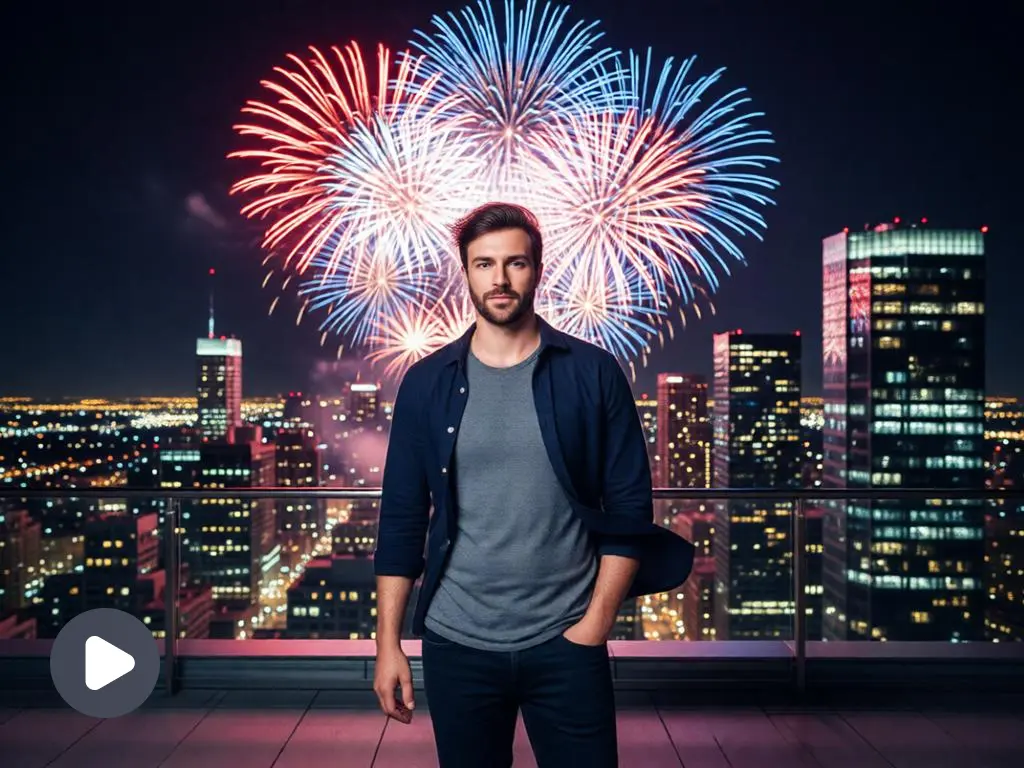 Man on a rooftop with Fourth of July fireworks.
