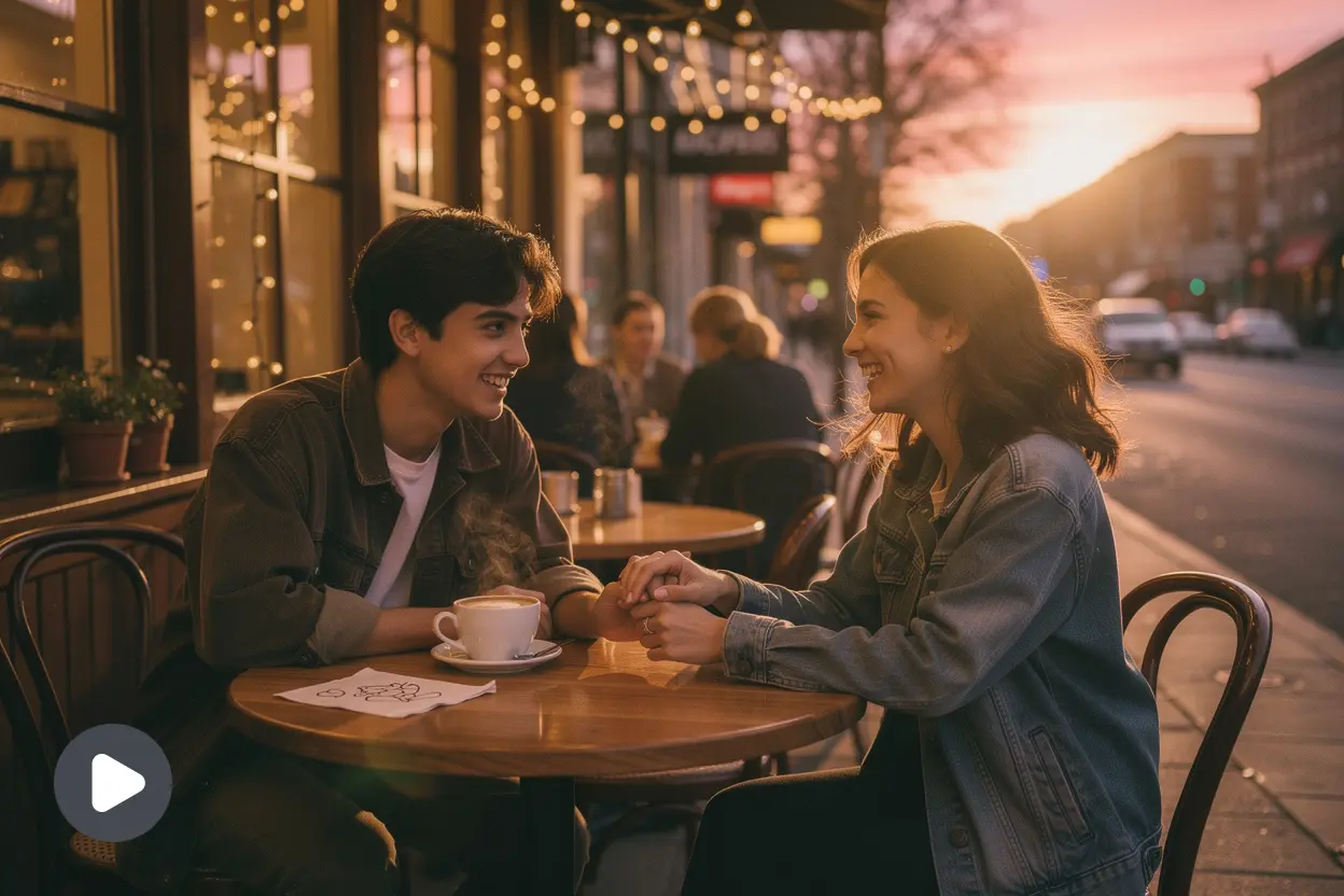 Young couple sharing coffee on their first date and walking together at sunset.