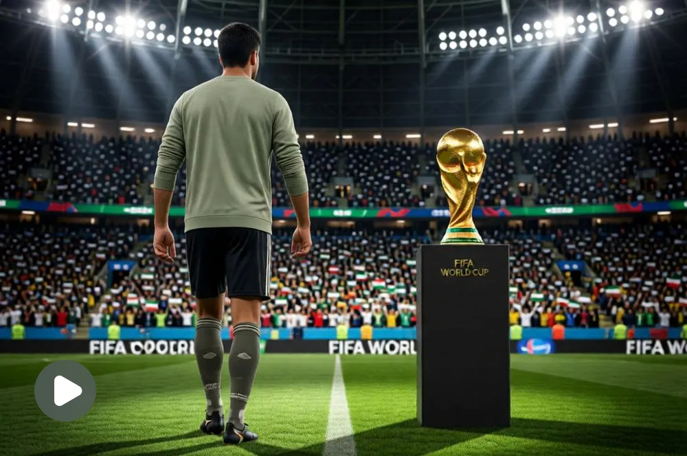 Football player walking toward the World Cup trophy.
