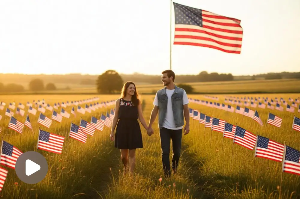 A couple walking through a countryside field.