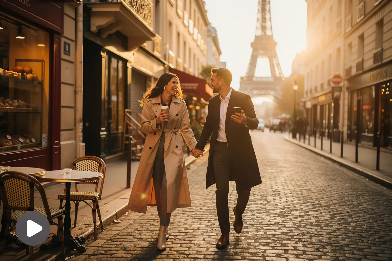 Stylish couple enjoying a romantic vacation in Paris and walking through charming streets together.