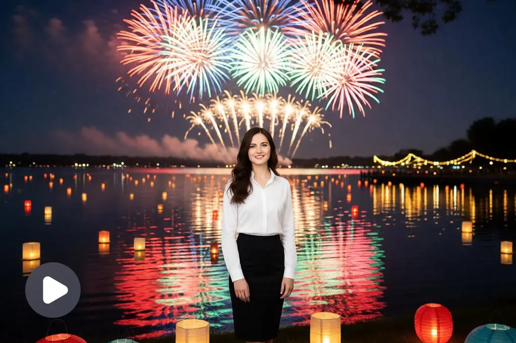 Woman by a lake with fireworks reflections.