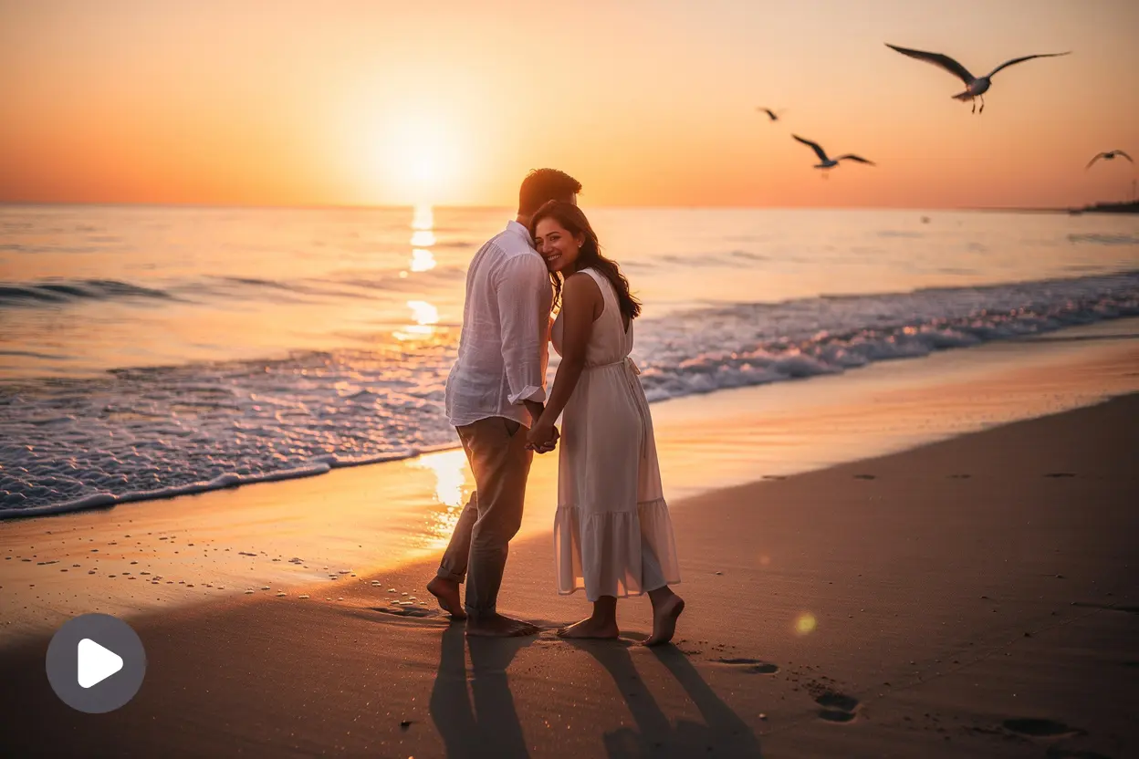 Romantic couple walking barefoot on a beach at sunset while holding hands and watching the ocean.
