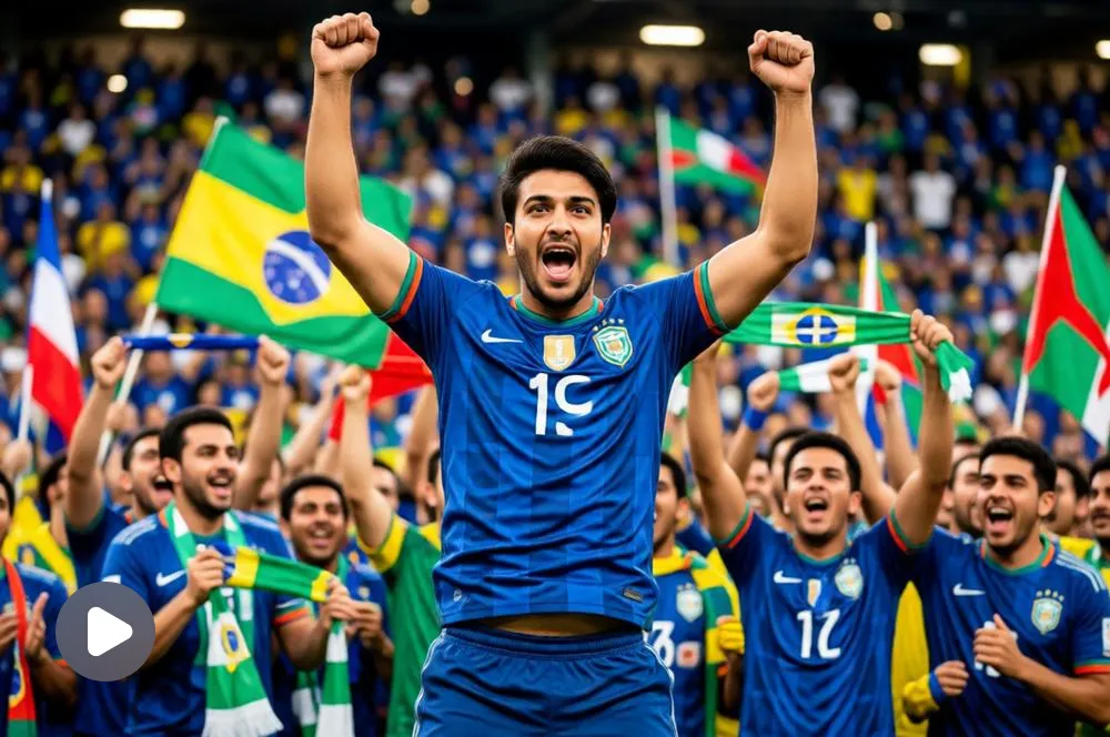 Football fan celebrating a World Cup victory.